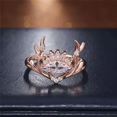Elegant Zirconia Crown Ring Hippie Accessory Rose Gold Elk Antlers Jewelry • $25.49