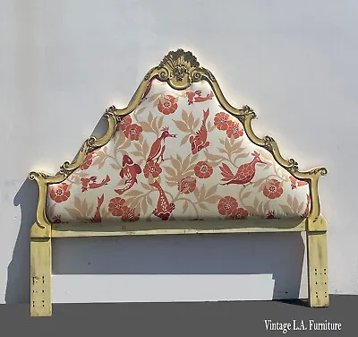Vintage French Provincial Country Yellow King Queen Headboard W Red Birds Fabric • $1056