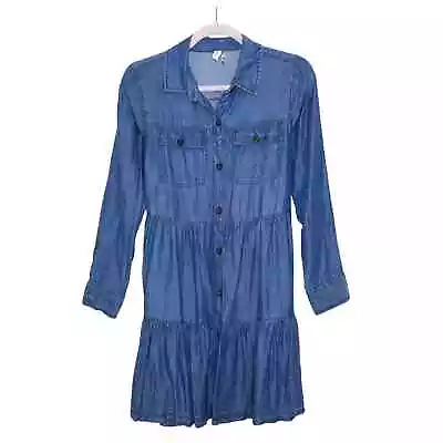 ELAN ANTHROPOLOGIE Chambray Tiered Long Sleeve Shirt Dress Blue Size S • $11.97