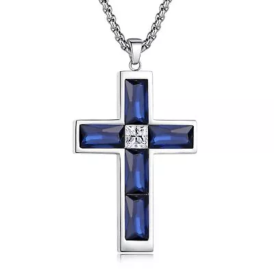 BAMIKI Cross Necklace For Men Created Sapphire Blue Cross Pendant Necklace ... • $28.25