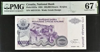 Croatia 100000 Dinara-Krajina Pick# R22a 1993 PMG 67 EPQ SGUnc Banknote • $89.29