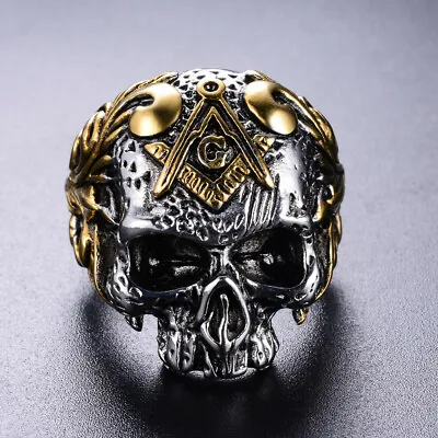 £15.59 • Buy Size 7-13 Mens Stainless Steel Gold Masonic Skull Ring Biker Jewelry Tone 