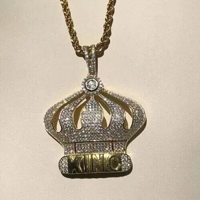 Men's 3.40Ct Round Cut Real Moissanite King Crown Pendant 14K Yellow Gold Plated • $161.99