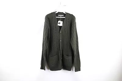 NOS Vintage Mens Medium Chunky Cable Knit Button Cardigan Sweater Dark Green • $62.95