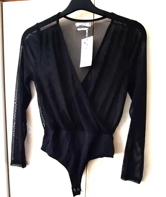 Reserved Ladies Black Mesh V-neck Leotard Bodysuit Long Sleeve Top Size S New • £5.99