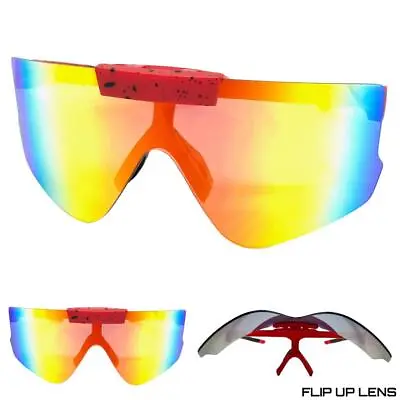 OVERSIZED Retro SPORTY WRAP AROUND Cycling Shield SUN GLASSES Gold Flip Up Lens • $14.99