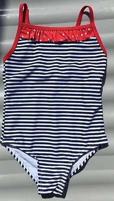 Baby Girls Navy Blue & White Stripe Swimming Costume With Red Frill Detail • £6