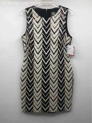 Vince Camuto Womens Black White Chevron Sequin Sleeveless Mini Dress Size 12 • $9.99