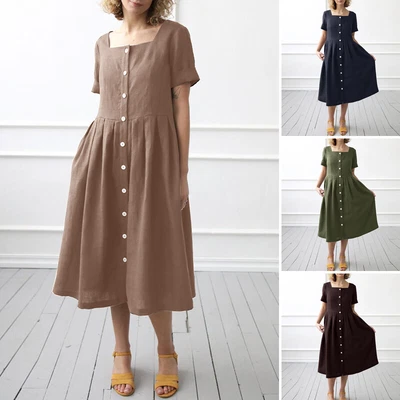 $38.56 • Buy ZANZEA Womens Short Sleeve Square Neck Midi Dress Casual Party Swing Dress PLUS