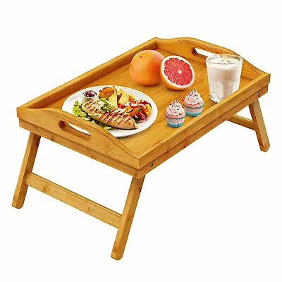 Bamboo Wooden Bed Tray With Folding Legs Serving Breakfast Lap Tray Table Mate • £14.98