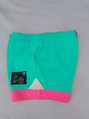 Vintage 80s Beach Shorts Women's Large Green Pink Pockets High Waisted • $14.95