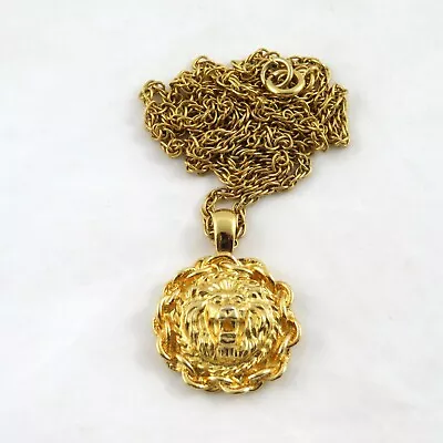 Vintage Lion Head Pendant Necklace Gold Tone 32  • $45