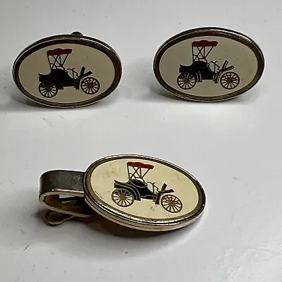 Vintage Cufflinks Ford Model T Tie Clip Antique Car Enamel Goldtone • $14.79