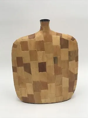 Vintage Segmented Multi Wood Mosaic Hand Turned Vase Mid Century Mod Large Rare • $225