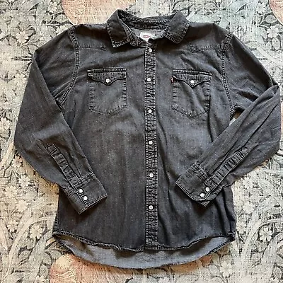 Levis Shirt Mens Large Black Denim Chambray Pearl Snap Western Cowboy • $24.99