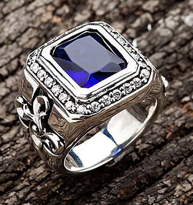 Tribal Cross 925 Sterling Silver Mens Band Ring Biker New Blue Sapphire Rocker • $109