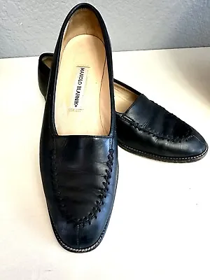 Manolo Blahnik Size 37.5 (US 7) Black Leather Slip On Stitch Accent Loafers • $75