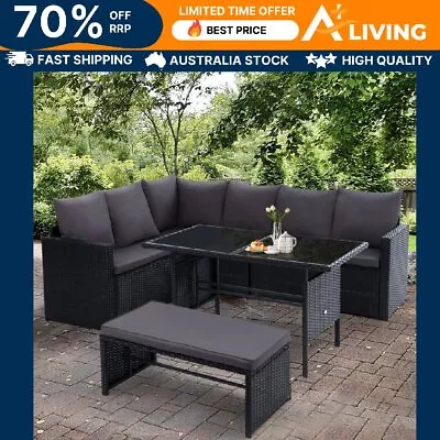 8 Seater Wicker Outdoor Sofa Dining Set UV Resistant With Glass Table Black • $763.65
