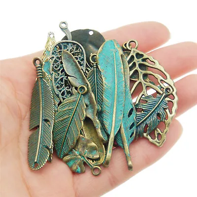 15 PCS Mix Vintage Patina Green Leaf Charms Feather Alloy Pendant Jewelry Crafts • $6.64