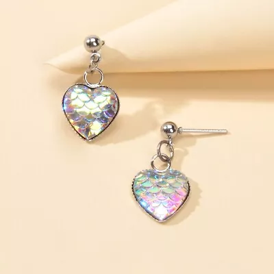 Mermaid Fish Scale Shiny Heart Pendant Stud Earrings New Creative Jewellery Gift • $1.99