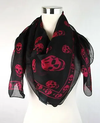 Alexander McQueen Black Chiffon Silk Scarf W/Purple Pink Skull Print 110640 1071 • $169.99