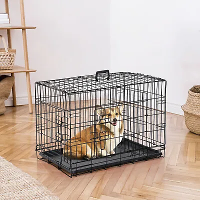 30'' Durable Dog Crate Kennel Folding Metal Pet Cage 2 Door With Tray Pan Black • $40.58