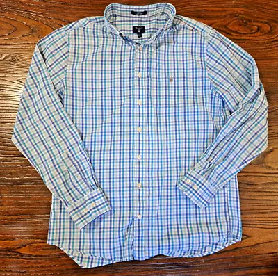 GANT Shirt L Large Mens Blue Check Regular Fit Cotton Long Sleeve Oxford Dobby • £20.99