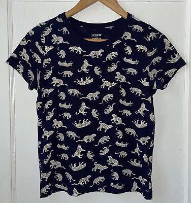 J CREW Broken In Knit Goods T-Shirt Top Womens XS Navy Blue Cheetah Print • $11