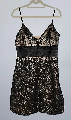 Sue Wong Nocturne Black Champagne Beaded Dress Size 12 Lace Bubble Skirt V Neck • £62.73