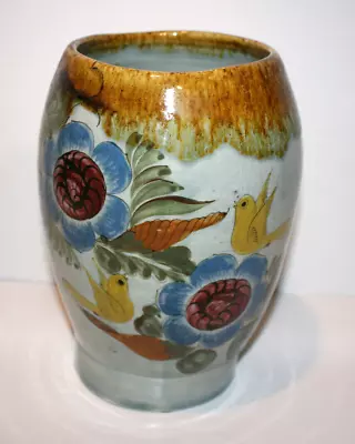 Vintage Mexican Talavera Vase Birds Floral Glazed Pottery Blue Mexico  8  Tall • $45
