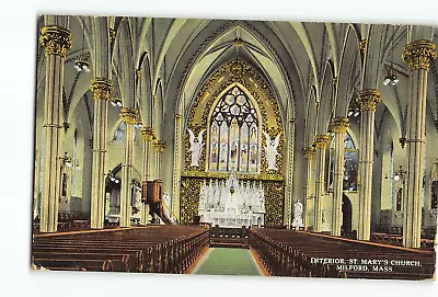 Old Vintage 1917 Postcard Of INTERIOR ST MARY'S CHURCH MILFORD MA • $2.99