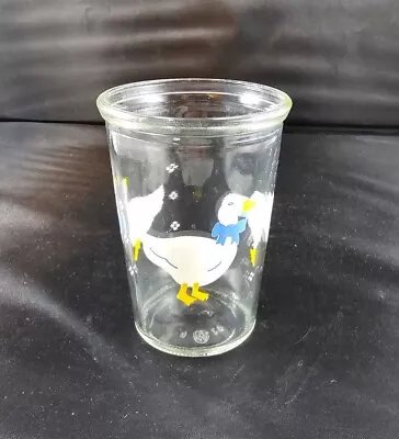 Vintage ~ BAMA Jelly Jar ~ White Ducks Geese Blue Bows Juice Glasses 4  Tall • $5.99