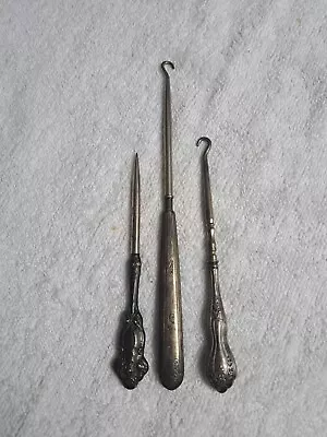 Vintage Sterling Silver Handled Shoe Button Hooks & Needle. • $23.99