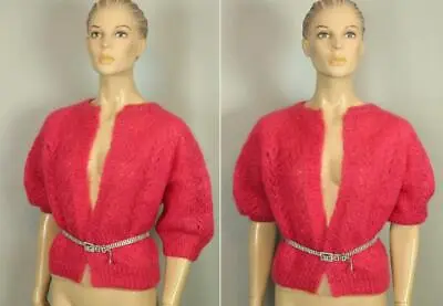 Vtg Pink Fuzzy Mohair Hand Made Knit Open Front Cropped Cardigan Jacket S/M • $25