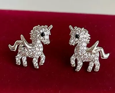 Unicorn Earrings Ear Stud Horses Zirconia 18K Weißvergoldet Girls Kids • £14.75
