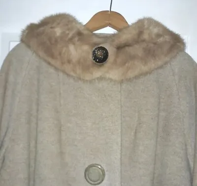 Vintage 60’s Beige Wool Swing Coat W/ Blonde Mink Collar L • $78