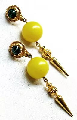 $95.95 • Buy Vintage Dangle Earrings Clip On BEN AMUN Signed Green & Yellow On Gold 421j