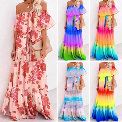 $28.10 • Buy Plus Size Womens Gradient Off Shoulder Maxi Dress Ladies Summer Beach Sundress