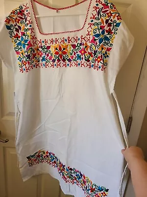 Mexican Folk Colorful Embroidered White Tie Back Midi Dress Medium Vintage?  • $50