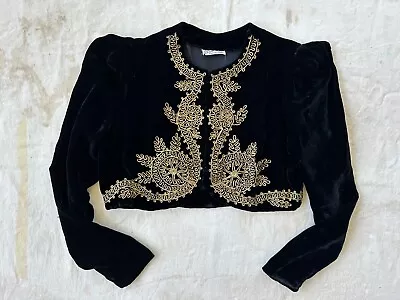 Vintage 1940s Black Velvet Gold Bullion Embroidered Long Sleeve Bolero Jacket • $19.99