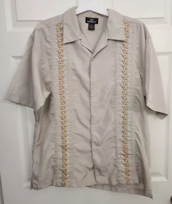 City Impact Mens Cuban Shirt Beige Embroidered Size L Large LOOK AT PHOTOS  • $14