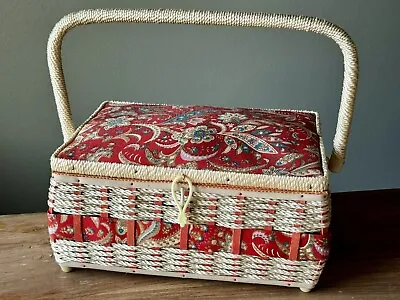 Vintage Ivory Wicker Red Stripes Paisley Flowers Sewing Basket Made In Korea • $29.99