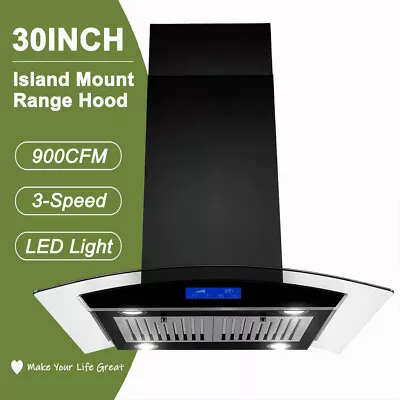 30in Island Mount Range Hood 900CFM Tempered Glass 3-Speed Control W/LEDs New • $279.99