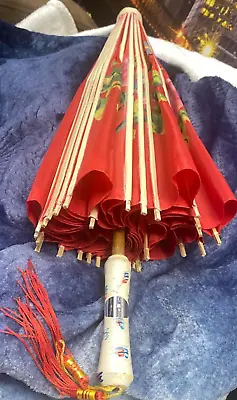 Vintage Red Umbrella Japanese Geisha PARASOL WOOD W/PAPER Hand Painted Flower • $35