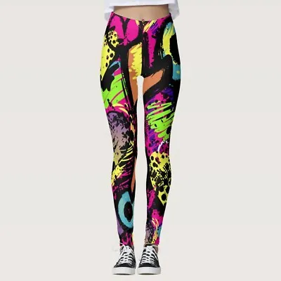 Women's 80s Leggings Artistic Splash Printed High Waisted Soft Stretchy Pants • $16.19