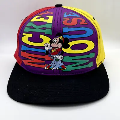 Vintage Disney Mickey Mouse Hip Hop Snapback Colorblock Hat Cap Rap 90s • $18.40