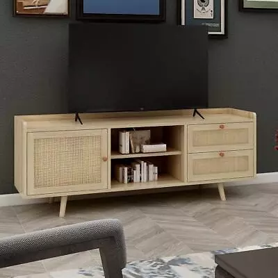 Mid Century TV Stand With Rattan Doors Cabinets Adjustable Shelf - Wood • $207.98