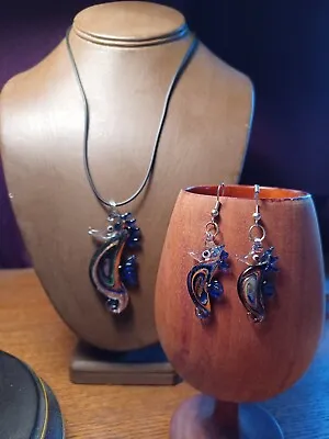 Seahorse Lampwork Glass Necklace & Earrings Set Blue Sea Horse Black Cord 17 +2  • $9.99