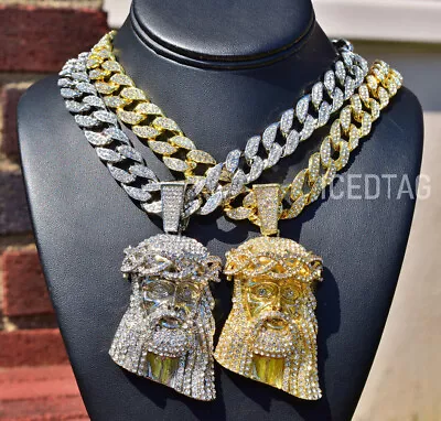 Hip Hop Icy Large Jesus Head Pendant & 16  18  20  Iced Stone Chain Necklace • $35.14