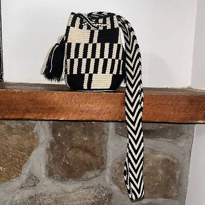 Authentic 100% Wayuu Mochila Bag Mini Size Boho Bag Black Beige Rare Geometric • $38